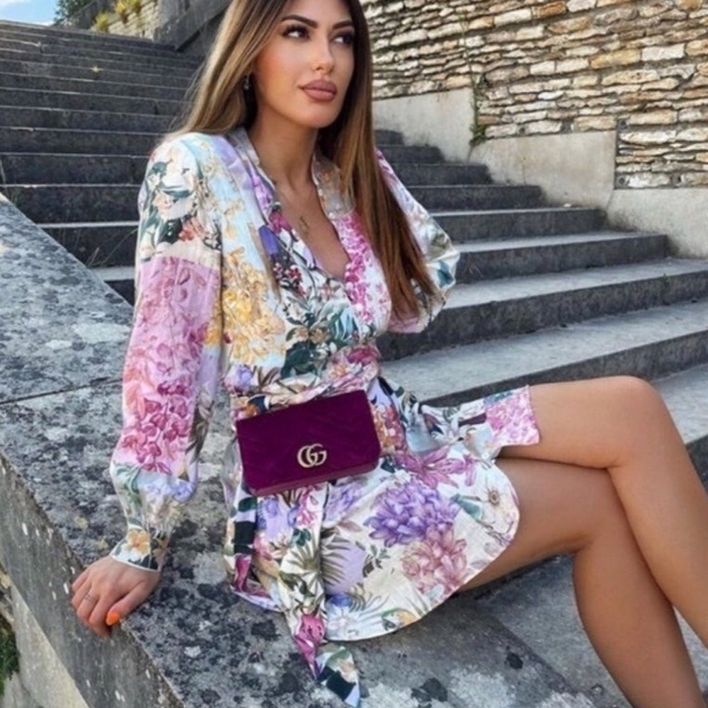 Zara Floral Long Sleeve Mini Dress in Lavender, Pink and Green
